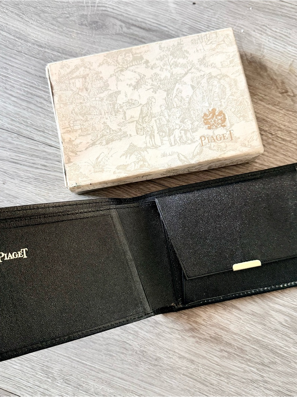 PIAGET Bi-Fold Black Leather Wallet with Gold Accents + Outer Box 7.75x4x1”
